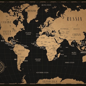 Vintage Weltkarte Druckbare Download | Antiker Stil großer schwarzer Pergament Atlas Wand Kunst Poster | Etikettierte und Unbeschriftete Versionen