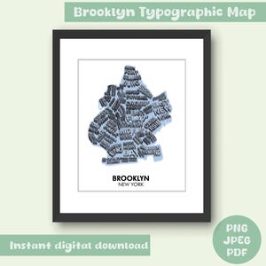 Brooklyn typografische Karte, Brooklyn New York illustrierte Karte, druckbare digitale Karte von Brooklyn, Brooklyn-Wandkunst, Wanddekor, Wohnheimdekor