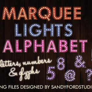 Lichtkrant lichten alfabet - Letters, nummers + 4 glyphs - blauw, rood, roze en paars - png-bestanden - Instant Download