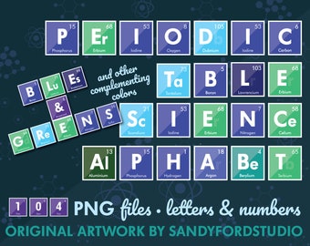 Science Alphabet -Blues and Greens - Periodic Table Letters - 100+ letters - png's, and digital paper - Instant Download