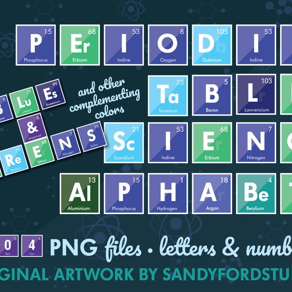 Science Alphabet -Blues and Greens - Periodic Table Letters - 100+ letters - png's, and digital paper - Instant Download