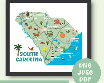South Carolina Illustrated Map: Colorful State Wall Art (Digital Download)