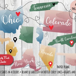 Aquarell USA Bundesstaat Konturen, US Bundesstaat Clipart, gepunktete Linien, Herzen, Papierflieger, Pins und Papierflieger - zum sofortigen Download