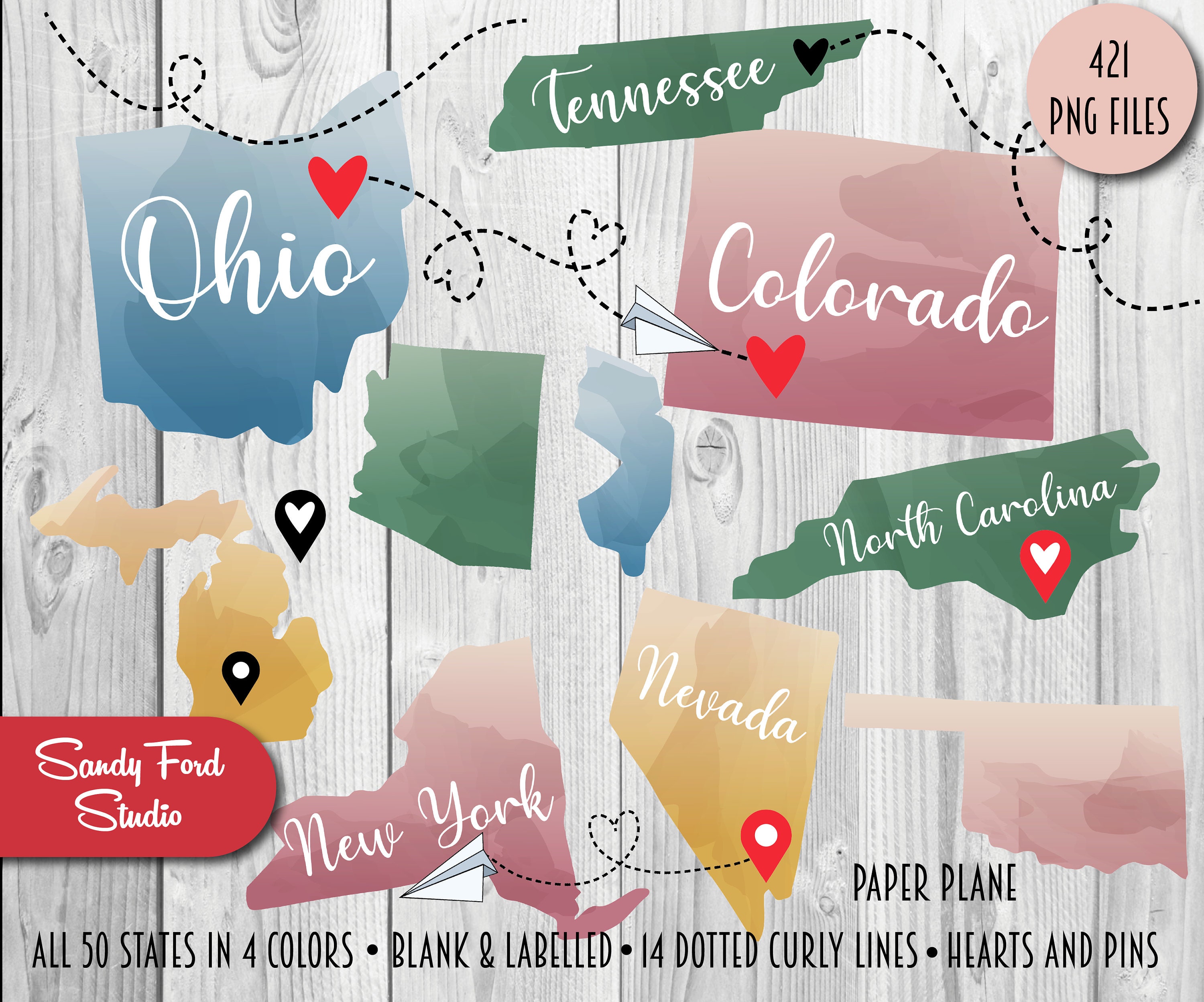 Watercolor USA States Clipart Bundle: Hearts, Pins, Paper Plane (Instant Download)