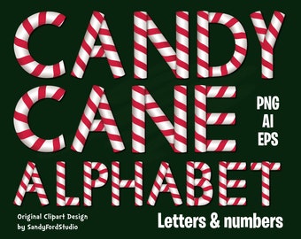 Candy Cane Alphabet Clipart: Letters and Numbers (PNG, AI, EPS Files - Instant Download)