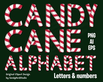 Candy Cane Alphabet - Candy Cane Clipart - Letters and numbers -  png, ai and eps files  - Instant Download