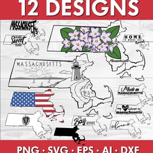 Pacote de arquivos SVG de Massachusetts – Contorno do estado desenhado à mão, bandeira, flor, paisagem em PNG, AI, EPS e DXF. Clipart para estampar camisetas, compatível com Cricut e Silhouette.