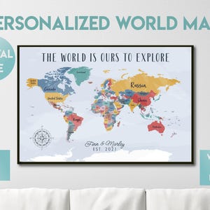 Personalisierte Weltkarte, Familie Druckbare digitale Weltkarte Poster, Paare benutzerdefinierte Push Pin Weltkarte, Wohnheim Dekor - Digital Download