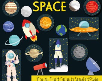 Solar System Outer Space ClipArt Set. Rocket. Spaceship. Astronaut Clipart - INSTANT DOWNLOAD