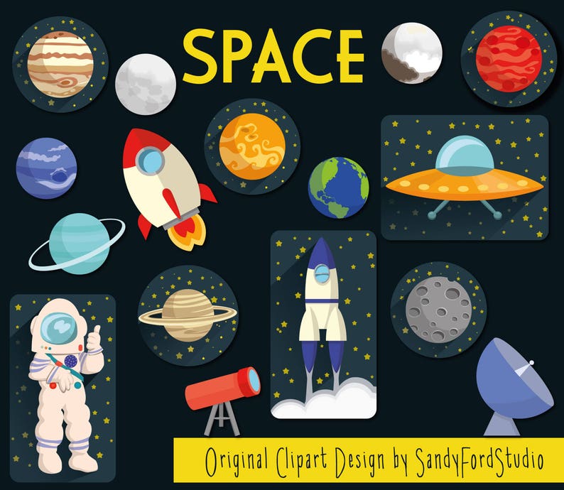 Solar System Outer Space ClipArt Set. Rocket. Spaceship. Astronaut Clipart INSTANT DOWNLOAD image 1