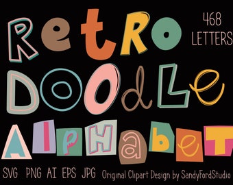 Retro Doodle Alphabet Clipart: Groovy Ransom Note Letters (Digital Download)