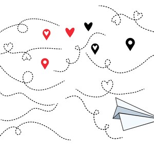 Pu&ograve; includere: Un aeroplano di carta bianco con un percorso a linea tratteggiata che conduce ad esso. Il percorso &egrave; decorato con cuori e puntine di posizione.