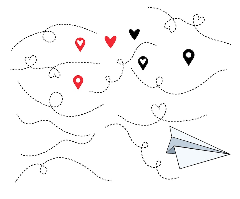 Pu&ograve; includere: Un aeroplano di carta bianco con un percorso a linea tratteggiata che conduce ad esso. Il percorso &egrave; decorato con cuori e puntine di posizione.