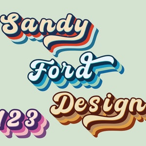 May include: A retro-style graphic design with the text "Sandy Ford Design" in a colorful, layered font. The text "123" is also included in a similar font.