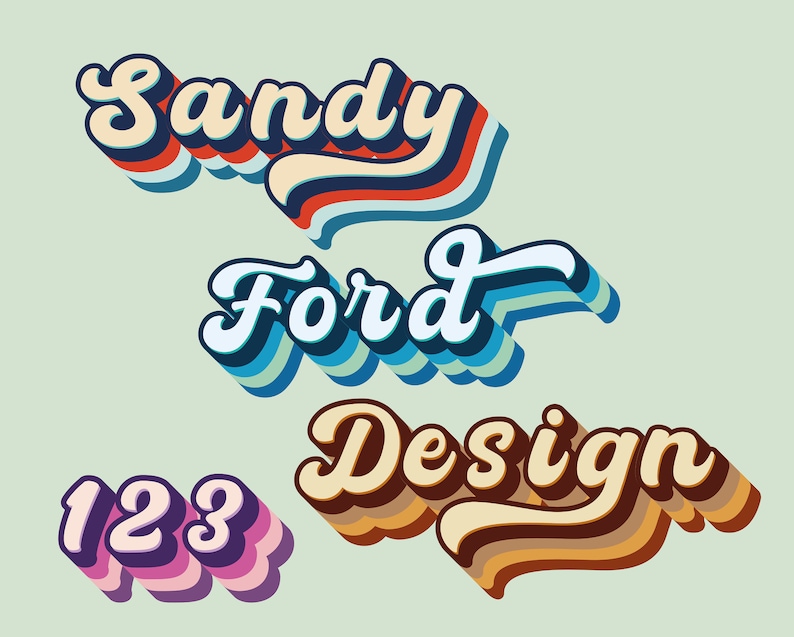 May include: A retro-style graphic design with the text "Sandy Ford Design" in a colorful, layered font. The text "123" is also included in a similar font.