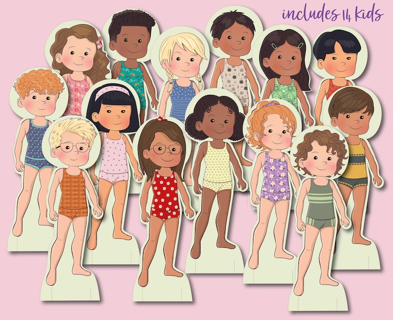 K&ouml;nnte beinhalten: Ein Set mit 14 Papierpuppen, jede mit einem anderen Outfit und einer anderen Frisur. Die Puppen l&auml;cheln alle und haben unterschiedliche Hautt&ouml;ne. Die Puppen stehen alle auf einem rosa Hintergrund. Enth&auml;lt 14 Kinder.