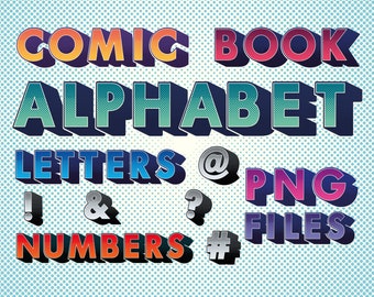 Comic Book Alphabet - Letters, numbers glyphs- 8 sets red, yellow, orange, blue, green, pink, purple, grey- png files. Instant Download