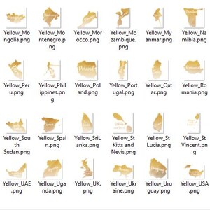 Pu&ograve; includere: Una collezione di 40 illustrazioni digitali gialle di vari paesi e continenti. Ogni illustrazione &egrave; un contorno stilizzato di un paese o continente, con uno schema di colori giallo.