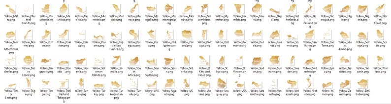 Pu&ograve; includere: Una collezione di 40 illustrazioni digitali gialle di vari paesi e continenti. Ogni illustrazione &egrave; un contorno stilizzato di un paese o continente, con uno schema di colori giallo.