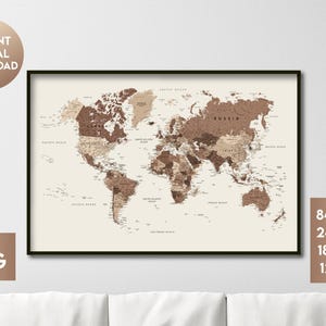 Mapa del mundo imprimible en tonos neutros: arte mural grande, detallado, marrón y beige: descarga de mapas de viaje bohemios