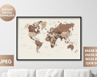 Stampa mappa del mondo neutra: dettagliata arte di viaggio boho beige e marrone (download digitale)
