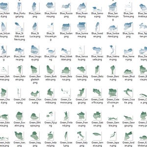 Pu&ograve; includere: Una collezione di 100 mappe di paesi di tutto il mondo in sfumature di blu e verde. Ogni mappa &egrave; etichettata con il nome del paese e un'estensione di file .png.