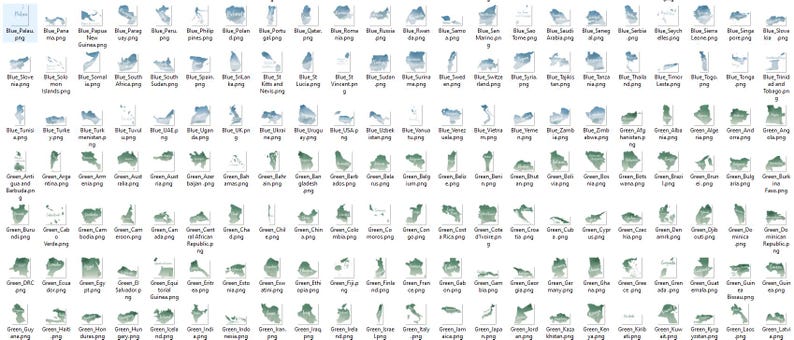 Pu&ograve; includere: Una collezione di 100 mappe di paesi di tutto il mondo in sfumature di blu e verde. Ogni mappa &egrave; etichettata con il nome del paese e un'estensione di file .png.