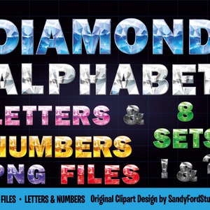 Alfabeto de diamante - Fonte de diamante - Diamante azul, diamante rosa, ametista, esmeralda, letras e números de pedras preciosas de rubi pngs - download instantâneo