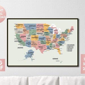 Impressão de mapa dos EUA em cores boho, pôster com mapa digital da América, download de mapa dos EUA com estados e cidades, decoração de parede para dormitório, viagem para impressão