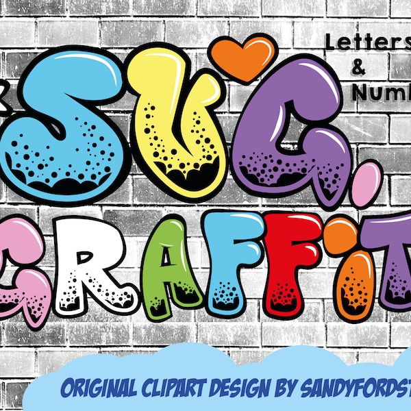 Bubble Graffiti Clipart Alphabet - Buchstaben und Zahlen in 8 Farben - SVG-Dateien für Cricut - Instant Download