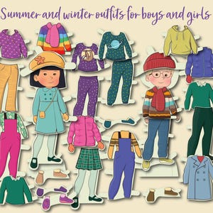 K&ouml;nnte beinhalten: Papierpuppen-Set mit Sommer- und Winteroutfits f&uuml;r Jungen und M&auml;dchen. Das Set enth&auml;lt eine Vielzahl von Kleidungsst&uuml;cken, darunter Hemden, Hosen, Kleider, R&ouml;cke, H&uuml;te und Schuhe.