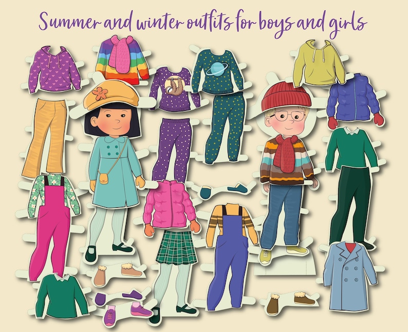 K&ouml;nnte beinhalten: Papierpuppen-Set mit Sommer- und Winteroutfits f&uuml;r Jungen und M&auml;dchen. Das Set enth&auml;lt eine Vielzahl von Kleidungsst&uuml;cken, darunter Hemden, Hosen, Kleider, R&ouml;cke, H&uuml;te und Schuhe.