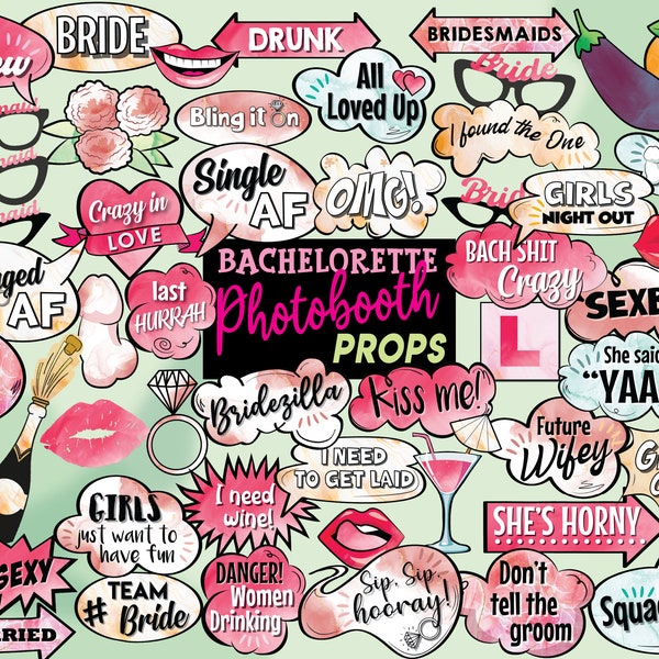 Bachelorette Photobooth Props, Hen Party Selfie Props, Hen Night Photobooth Selfies,  53 piece set - Instant Download