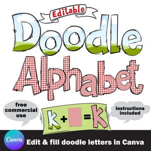 May include: A vibrant doodle alphabet design featuring the word "Doodle" in blue and green, and "Alphabet" in red gingham. Includes text bubbles with "free commercial use" and "instructions included". The Canva logo is also present.