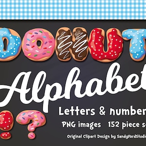 Donut Alphabet - Letters and numbers - Pink, blue, brown, red - 152 files - png files  - Instant Download
