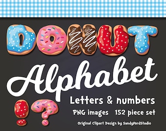 Donut Alphabet Clipart – 4 Color/Flavor Sets, Letters & Numbers, 156 PNG Files (Instant Download)