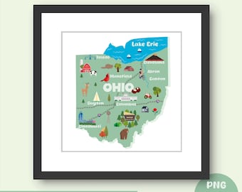 Mapa ilustrado de Ohio: Arte mural colorido del estado (descarga digital)