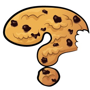 Puede incluir: Una galleta de chocolate con chispas en forma de signo de interrogaci&oacute;n. La galleta tiene un mordisco.