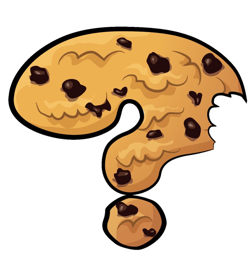 Puede incluir: Una galleta de chocolate con chispas en forma de signo de interrogaci&oacute;n. La galleta tiene un mordisco.