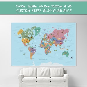 Whimsical World Map Digital Download | Printable Wall Art Poster with Animals, Landmarks | Cute Detailed Hand Drawn World Map Illustration