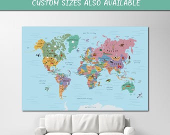 Whimsical World Map Digital Download | Printable Wall Art Poster with Animals, Landmarks | Cute Detailed Hand Drawn World Map Illustration