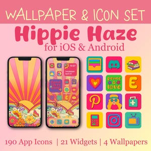 May include: A set of 190 app icons, 21 widgets, and 4 wallpapers in a retro 1970s hippie theme. The icons feature a variety of colorful designs, including peace signs, flowers, and mushrooms. The text "Hippie Haze" is displayed in a large, colorful font. The text "for iOS & Android" is displayed below the title.