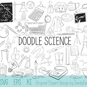 Science Doodle Clipart, Laboratory Chemistry Doodle Vector Icons, Hand drawn SVG, PNG, ai e eps files - 50 designs - Download instantâneo