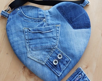 Jeans HEART <3 Tas met unieke sleutelhanger, Limited Denim shoulder bag, casual schoudertas, clutch, kado