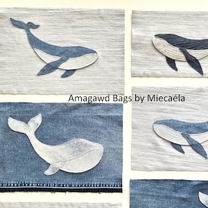 Op de afbeelding: Zes rechthoekige stoffen lapjes met walvisapplicaties in diverse tinten blauwe, grijze en witte denim. De tekst Amagawd Bags by Miecaela staat in het midden tussen de lapjes. Elk lapje toont een opgestikte walvissilhouet.