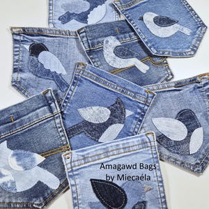 Vogels op broekzakken! Handgemaakte patchwork opnaaibare denim applicatie (NIET opstrijkbaar!)