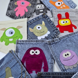 Monsters op broekzakken deel 2! Handgemaakte patchwork gekleurde opnaaibare denim applicatie (NIET opstrijkbaar!)