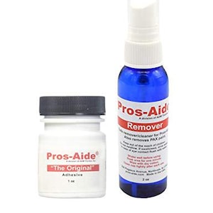 May include: Two bottles of Pros-Aide products. One is a white jar with a black lid labeled "The Original" Adhesive, 1 oz. The other is a blue spray bottle labeled "Remover", 2 oz.