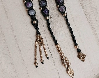 Macrame Hairwrap with Clips, Hair jewelry with Amethyst Crystal, Brass beads, gift for woman