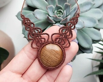 Handmade Macrame Necklace: Tigers Eye Gemstone, Boho Jewelry